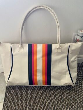NWOT Large Beach Tote Bag with Navy, Pink and Orange Stripes